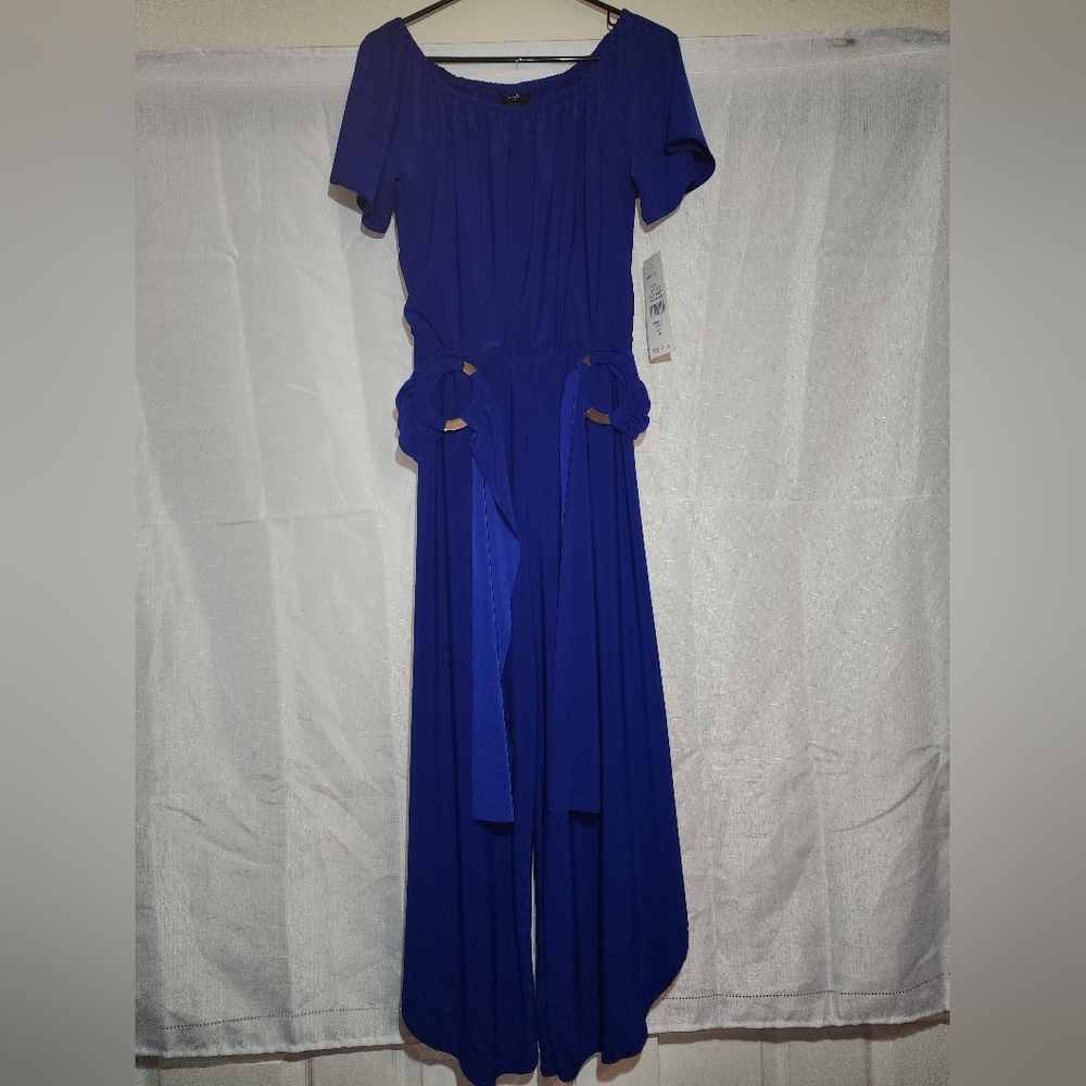 MSK Jumpsuit Size M New Stretch One Piece Off Shoulder Tie Belt Goddess Blue